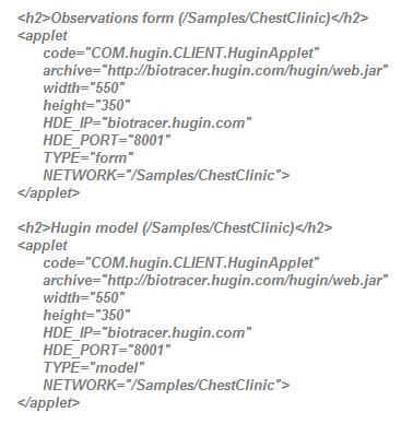 Figure 11: Generated html coode for loading a web form applet and a network panel applet for "ChestClinic"