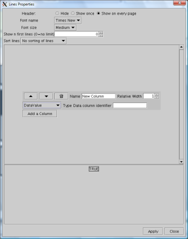 Figure 6: The Lines Properties Panel that allows the user to specify the type of information generated on each line of the report